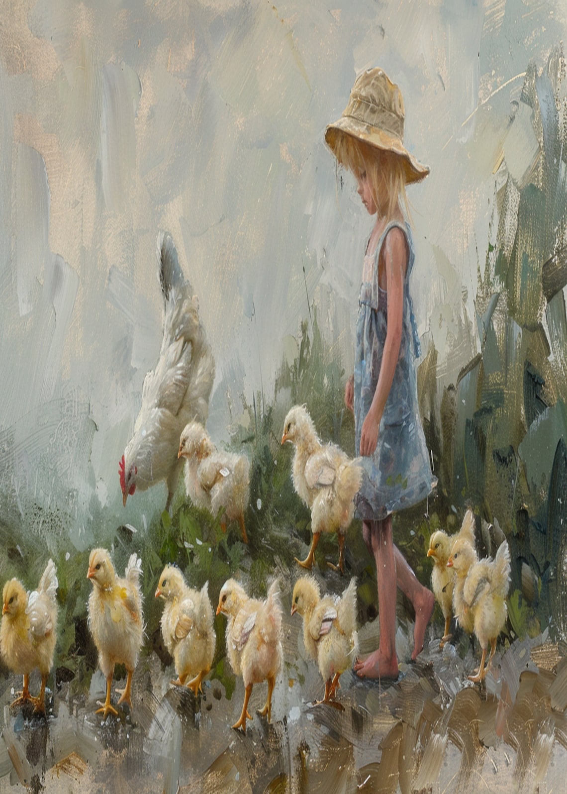 Barefoot Girl with a Hen and Baby Chicks in Rain Painting Poster - Image 3