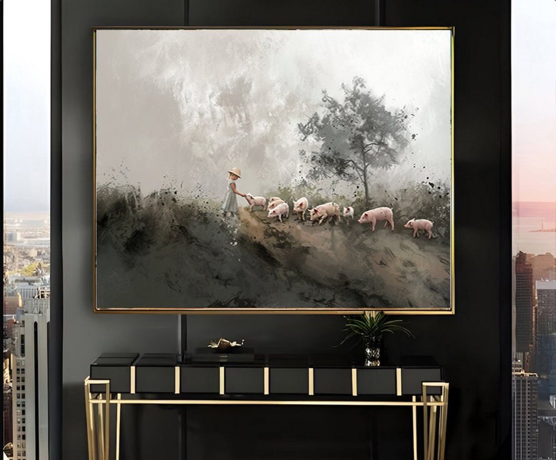 Girl Herding Pigs on a Misty Gray Hill Rustic Farm Painting Poster