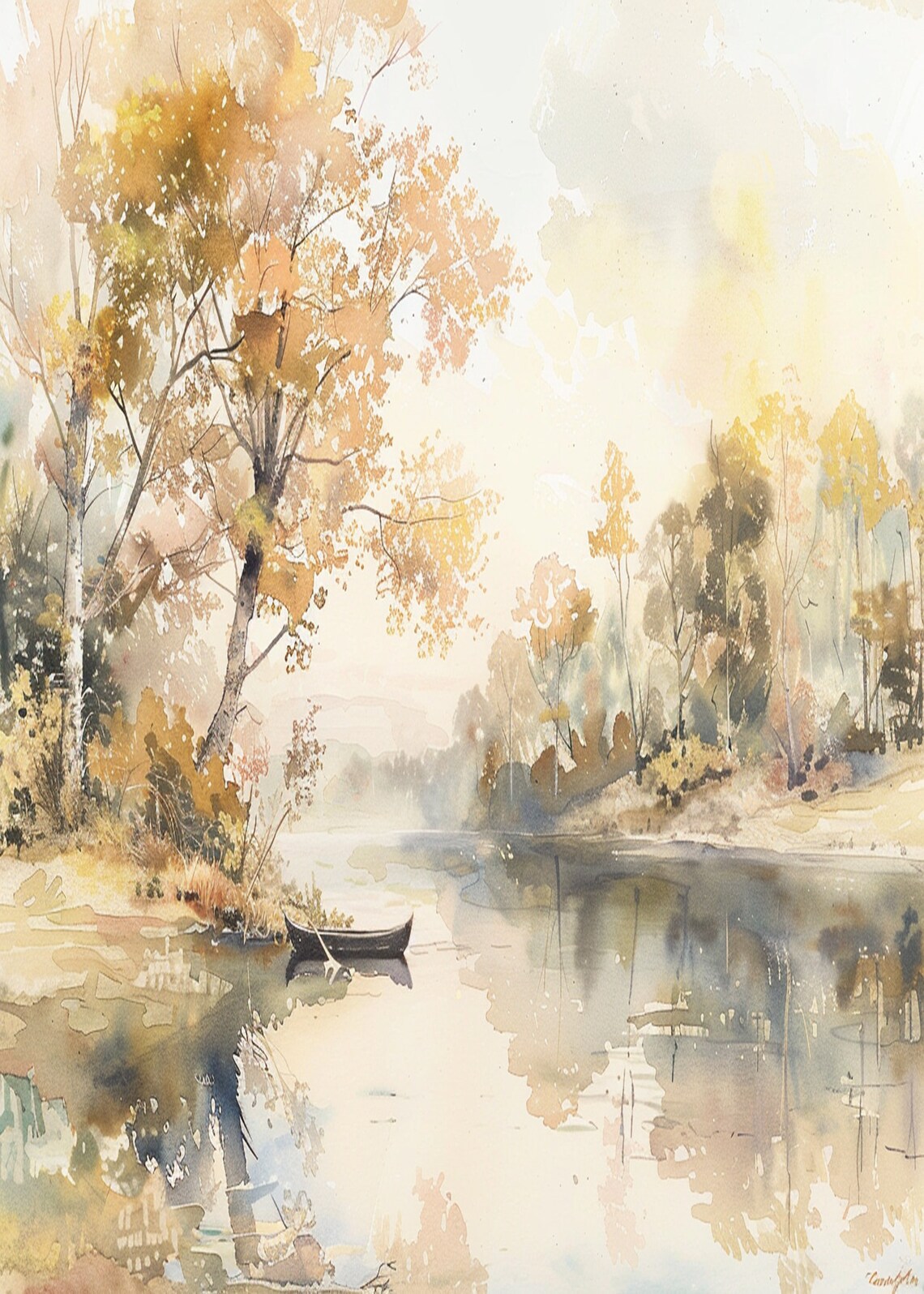 Golden Autumn Lake Scene with Canoe Watercolor Landscape Poster - Image 3
