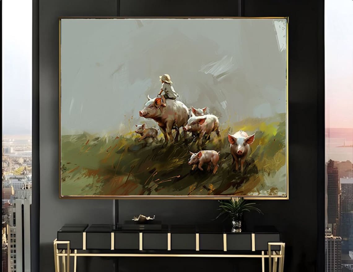 Little Boy Riding Sow Down Hill with Piglets Painting Poster