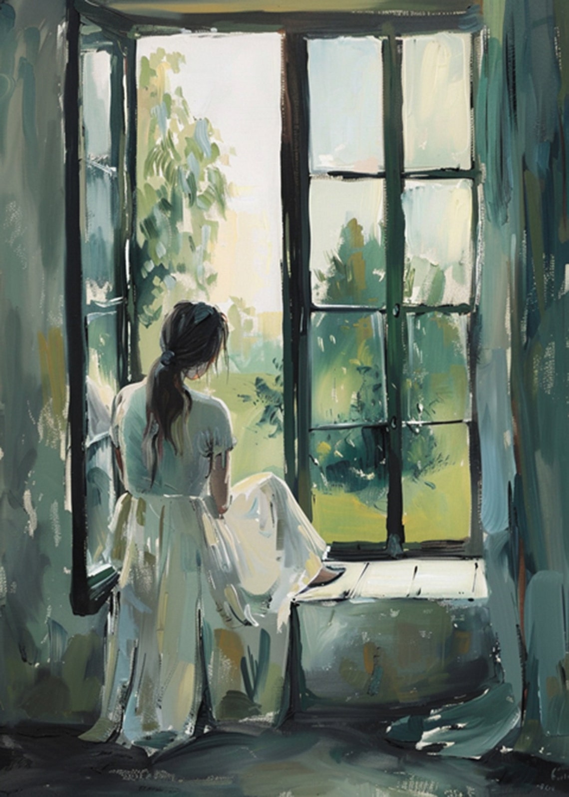 Woman in a White Gown Reading at an Open Window Oil Art Poster - Image 2