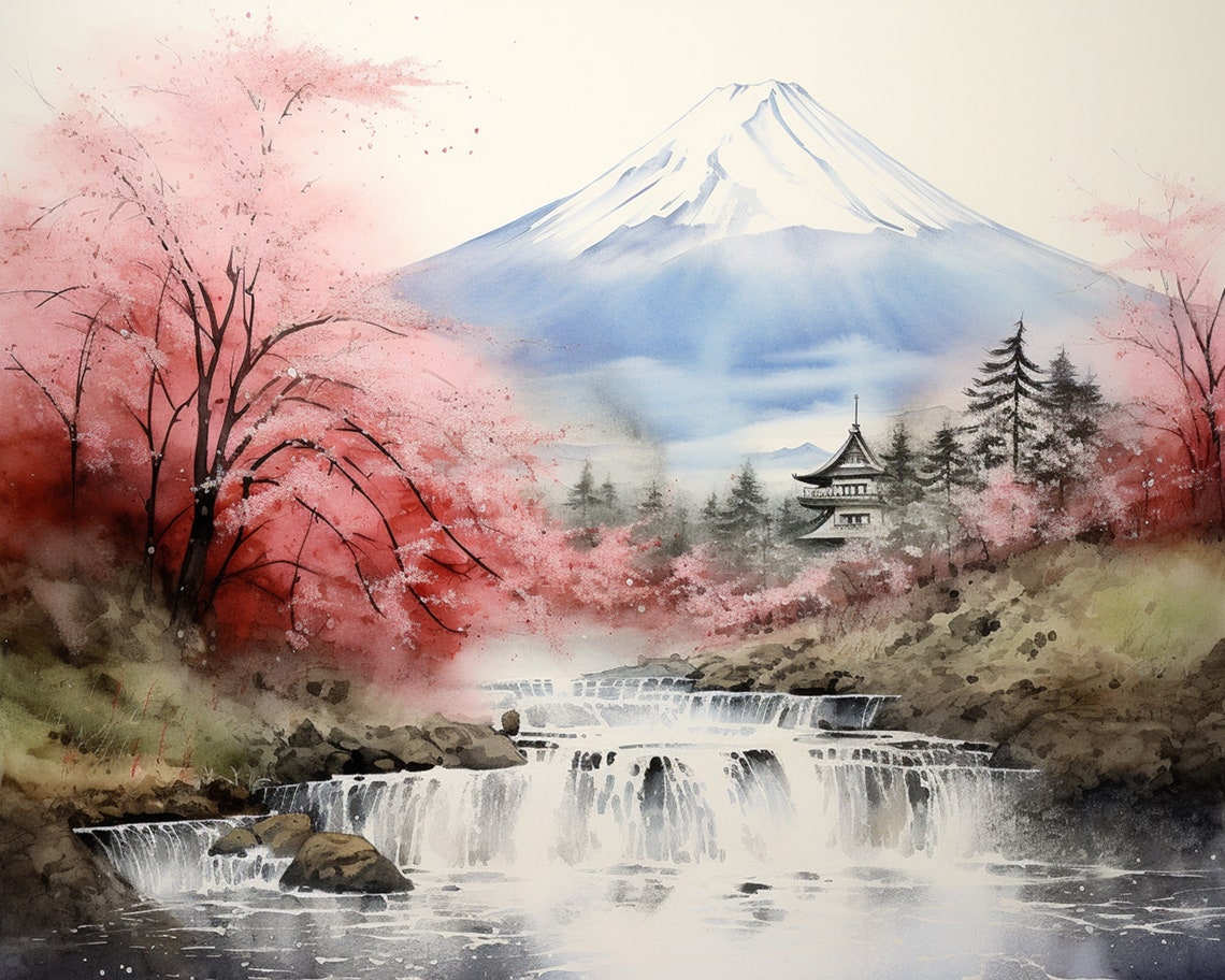 Mount Fuji with Cherry Blossoms and a Mountain Waterfall Poster - Image 2