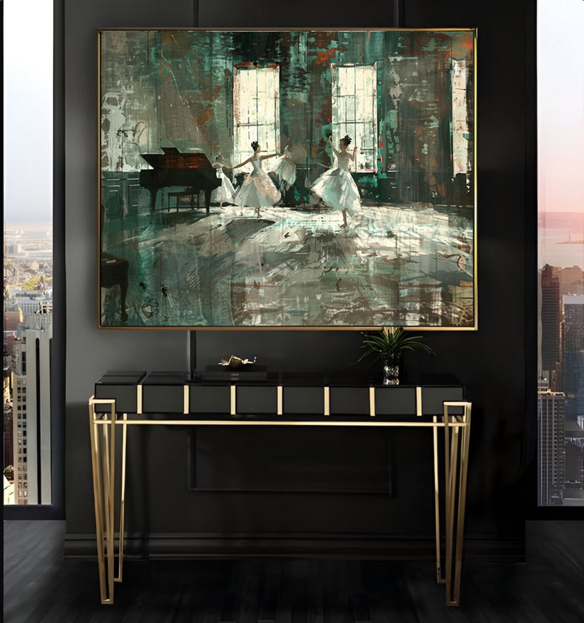 Ballerinas Rehearsing in a Moody Green Studio Oil Art Poster - Image 2