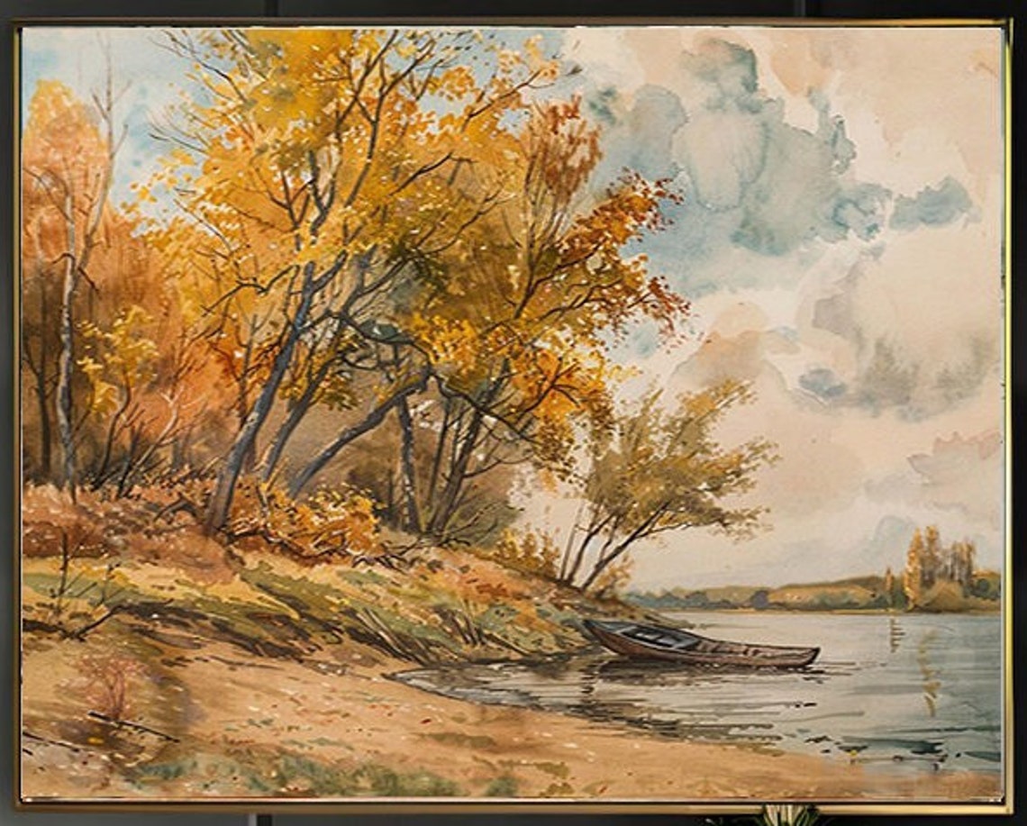 Golden Birch Trees Scene with a Canoe on Autumn Lakeshore Poster - Image 2