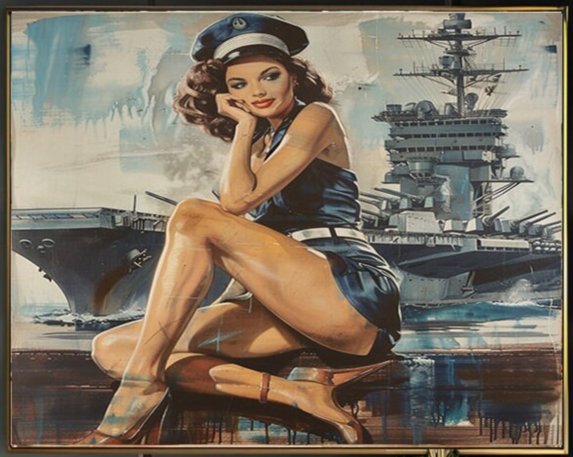 Sailor Girl Pinup Seated Before Aircraft Carrier Vintage Poster - Image 2