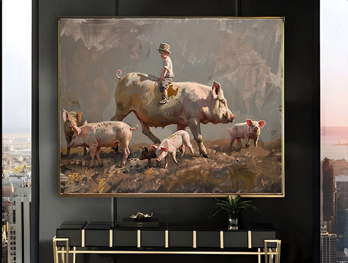 Boy Riding Sow Through Mud with Piglets Farm Painting Poster