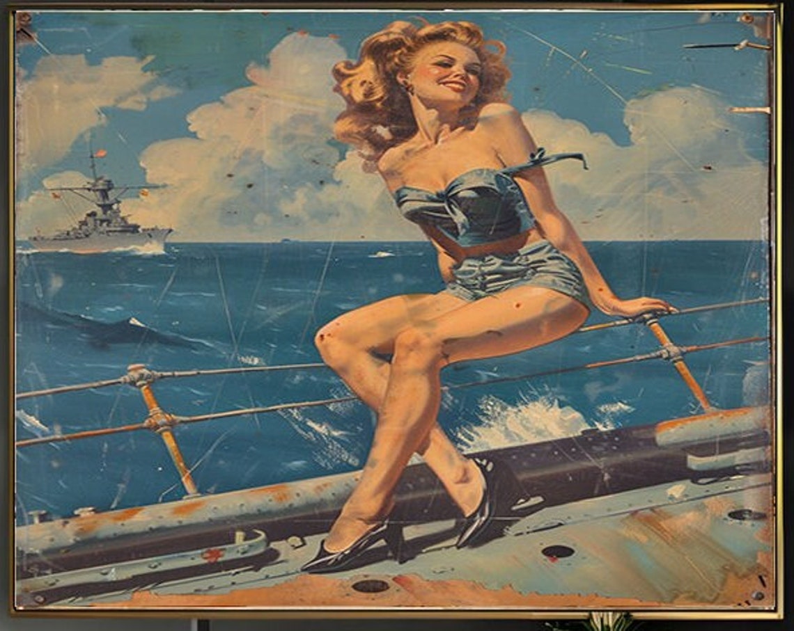 Pinup Girl Leaning Back on a Ship's Rail Vintage Style Poster - Image 2