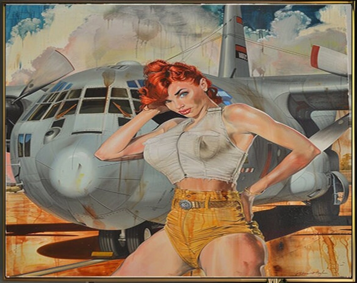 Redhead Pinup Girl Posed by a Military Airplane Vintage Poster