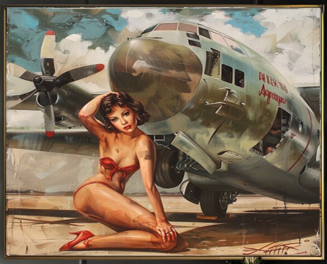 Pinup Girl in a Red Bikini Kneeling by a Propeller Plane Poster - Image 2