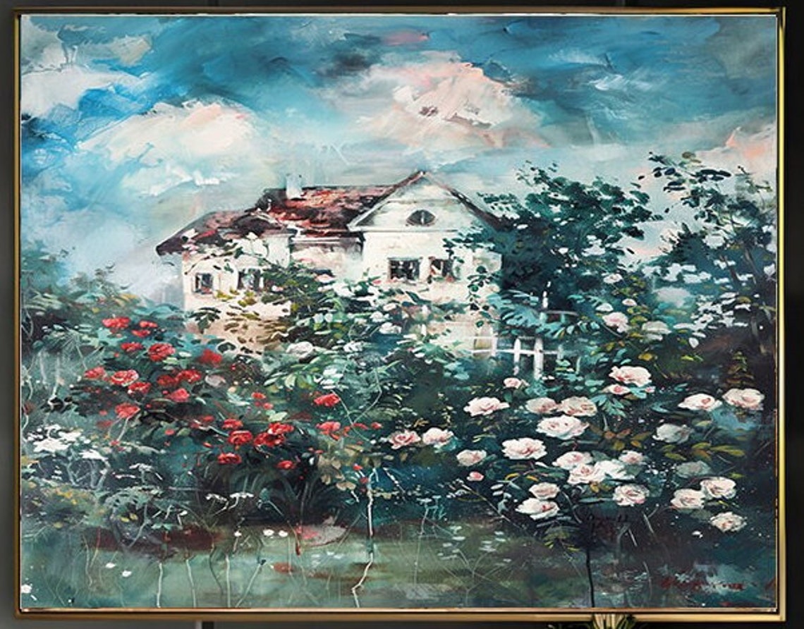White Villa Red Tile Roof Surrounded by Red White Roses Poster - Image 2