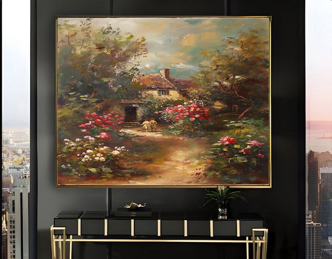 Children Playing in Cottage Rose Garden Rustic Farmhouse Path Poster