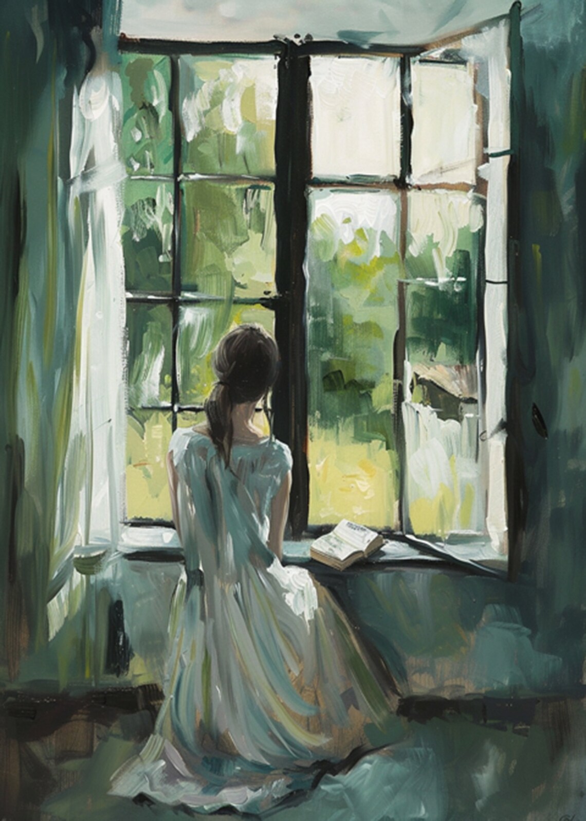 Woman at a Window with an Open Book Vintage Oil Painting Poster - Image 2