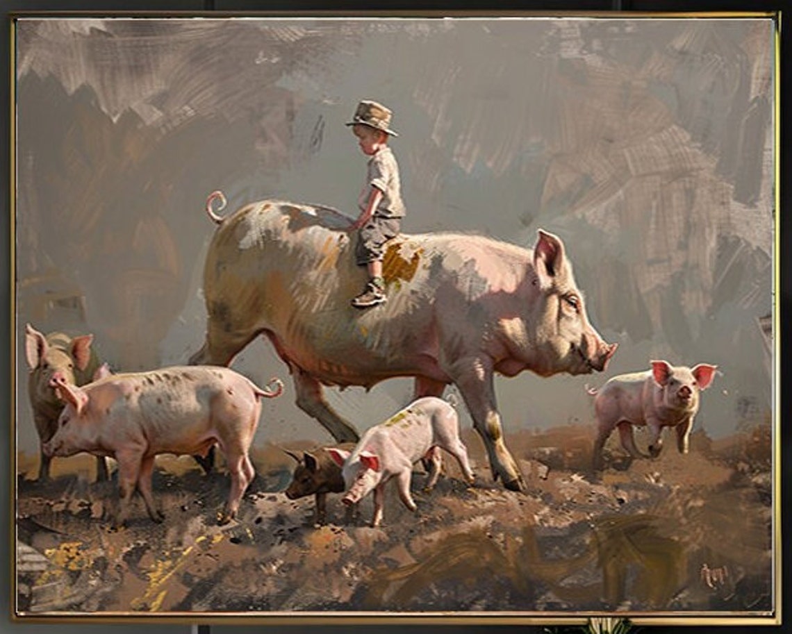 Boy Riding Sow Through Mud with Piglets Farm Painting Poster - Image 2