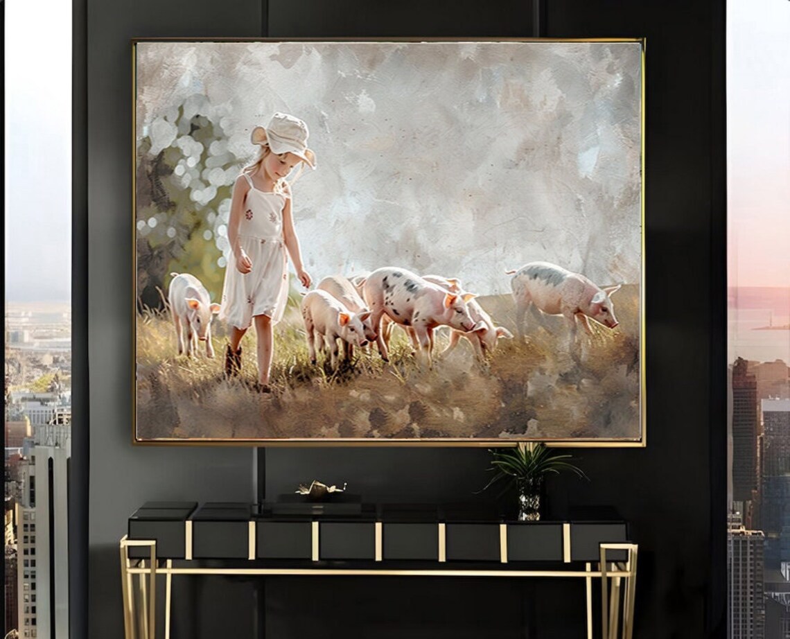 Girl in White Dress with Pigs in Sunlit Meadow Painting Poster