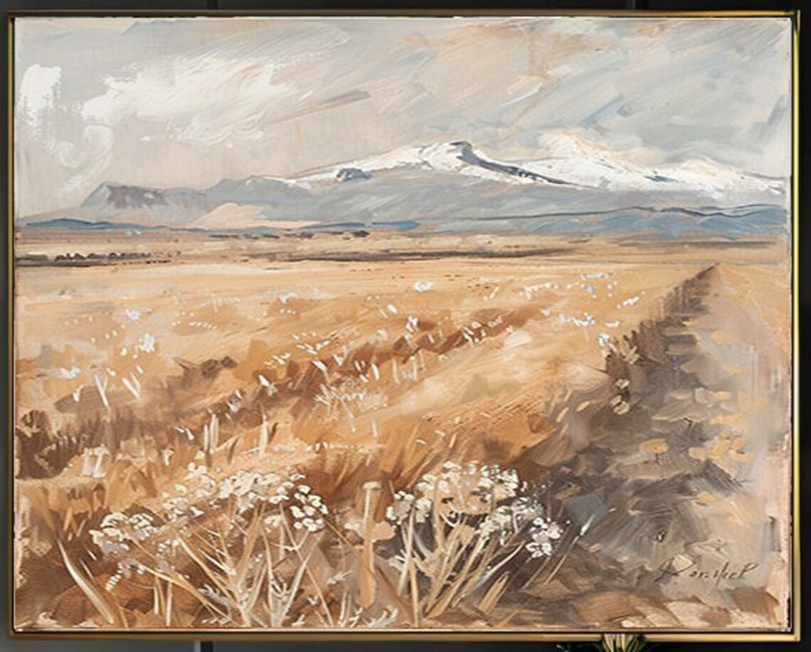 Golden Wheat Field Wildflowers Snowcapped Mountains Landscape Poster - Image 2