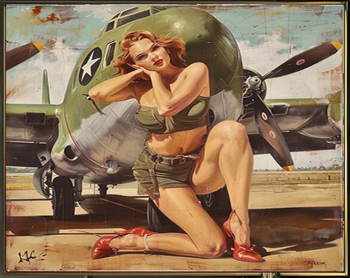 1950s Pinup Girl Vintage Painting Pin Up Girl Art Print Military Pinup Poster Art L Oil Panting L 5 Sizes Available L 003