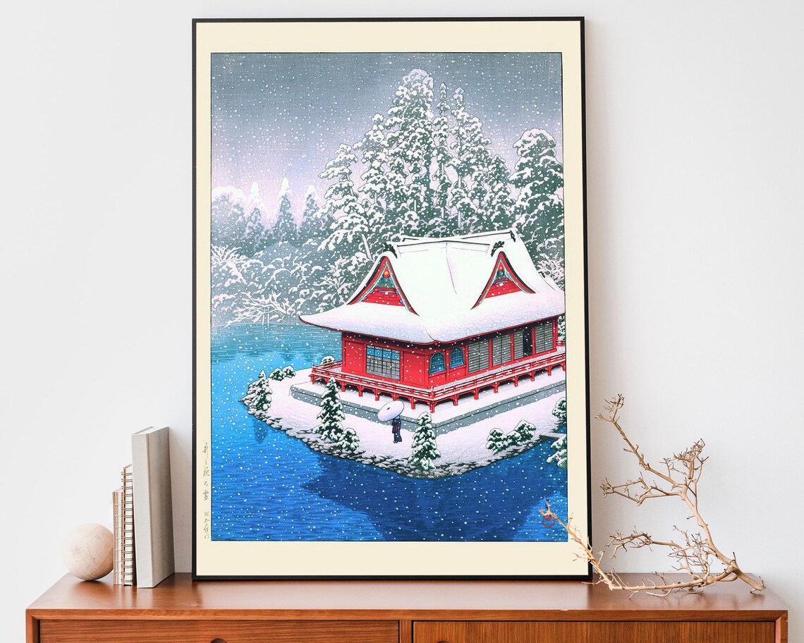 Japanese Snowy Temple Island Lake Woodblock Style Winter Poster