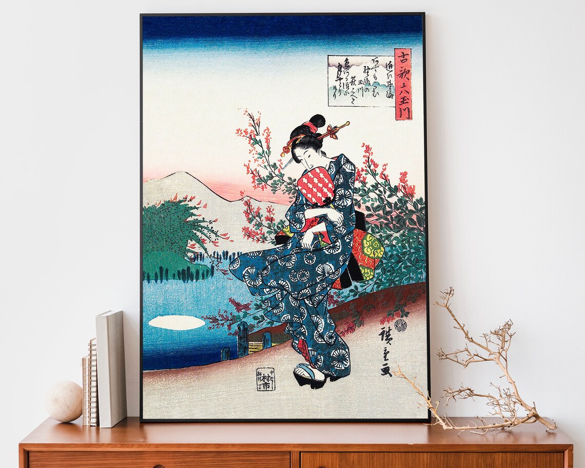 Hiroshige Woman In Blue Kimono With Fan By Water Woodblock Poster