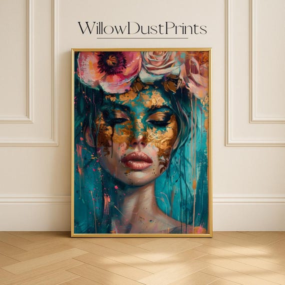 Colorful Boho Wall Art Feminine Portrait With Flowers Gold Bold Abstract For Eclectic Home Office Decor Gift