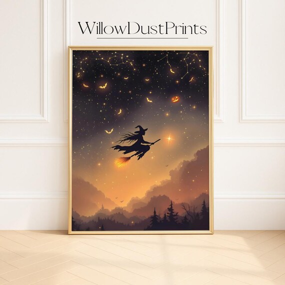 Witch Flying Broomstick Magic Starry Halloween Night Sky Poster