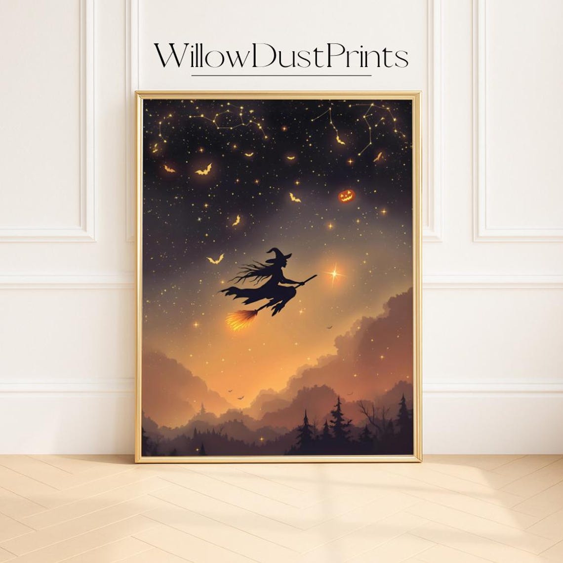 Witch Flying Broomstick Magic Starry Halloween Night Sky Poster