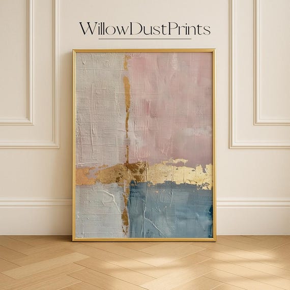 Minimalist Pastel Wall Art Horizon Abstract In Blush Blue And Gold For Modern Interiors Elegant Living Room Gift
