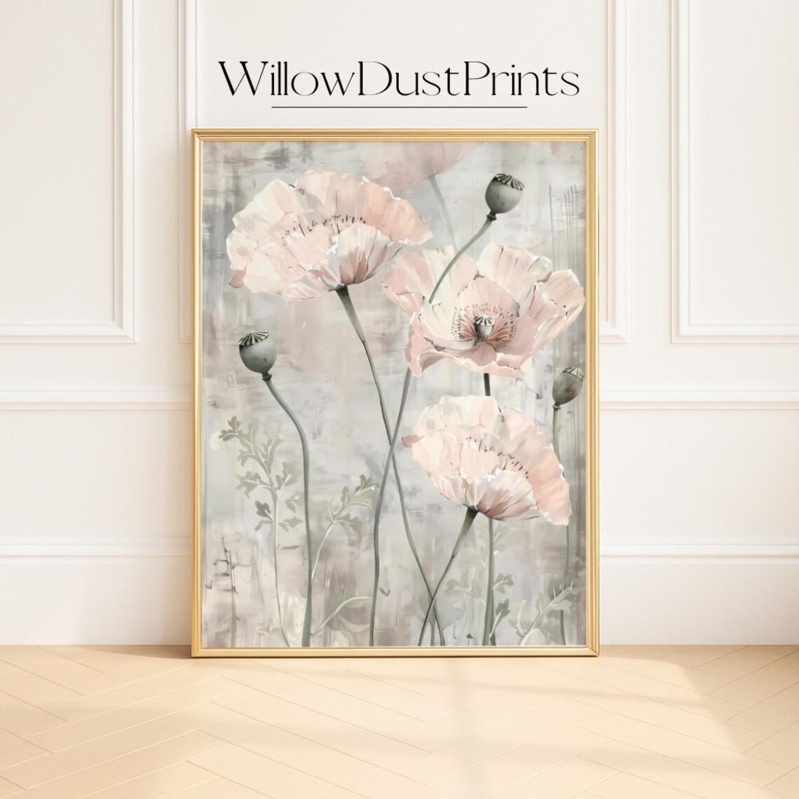Blush Poppies With Seed Pods Soft Watercolor Botanical Wall Poster