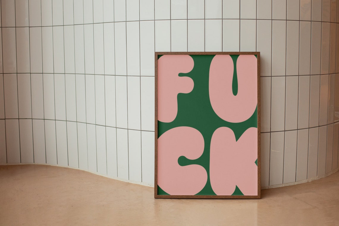 Fuck Bold Retro Bubble Letters Yellow Pink Typography Poster - Image 3