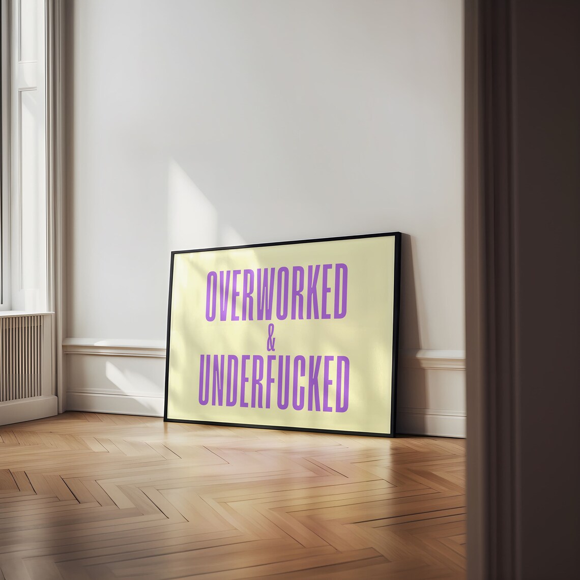 Overworked And Underfucked Sarcastic Quote Poster In Purple Typography Art - Image 3