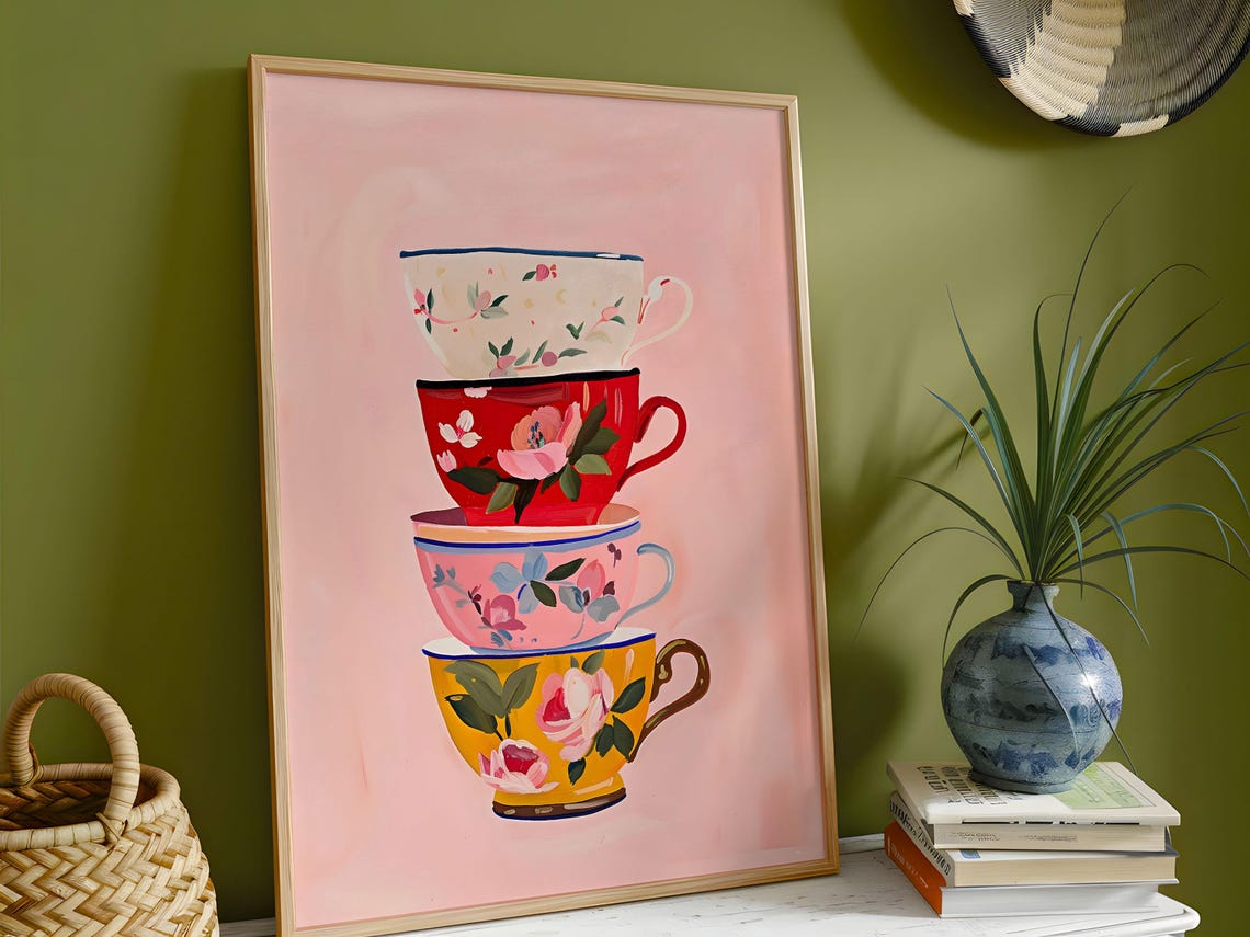 Stacked Floral Teacups Painting Pink Background Vintage Kitchen Poster