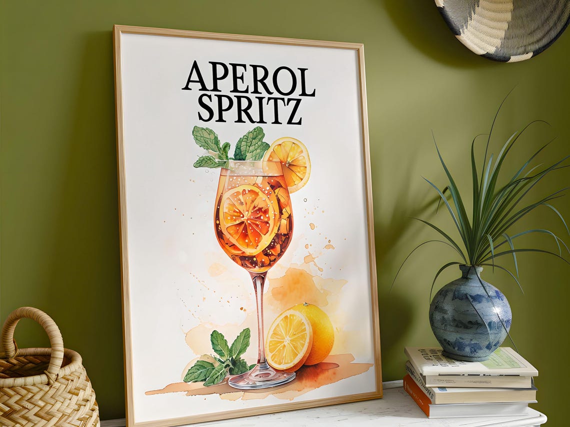 Aperol Spritz Watercolor Cocktail Lemon Mint Fresh Bar Art Poster