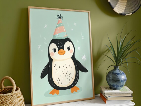 Penguin in Party Hat Cute Cartoon Kids Room Birthday Animal Poster