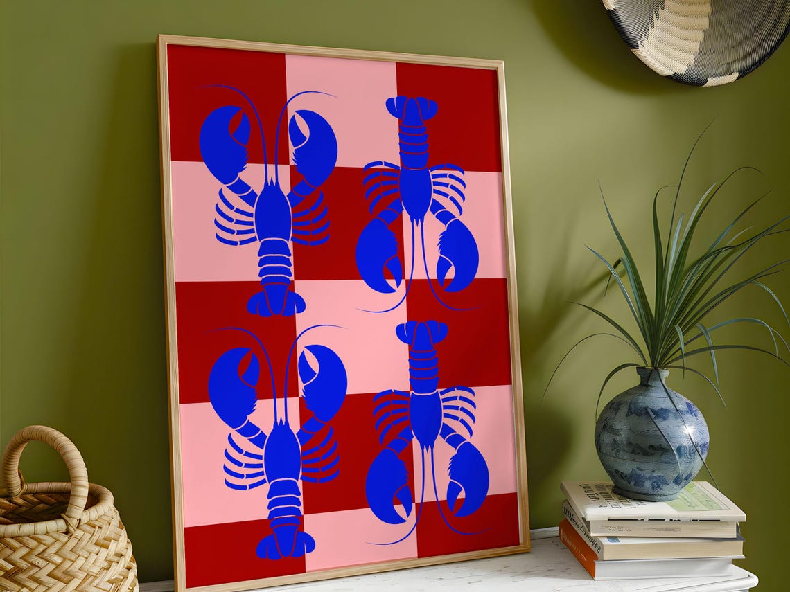 Blue Lobster Red Checkerboard Retro Seafood Kitchen Art Poster