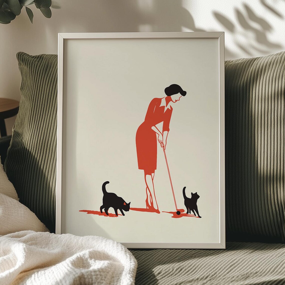 Retro Golf Poster, Warm Minimalism Cat Art