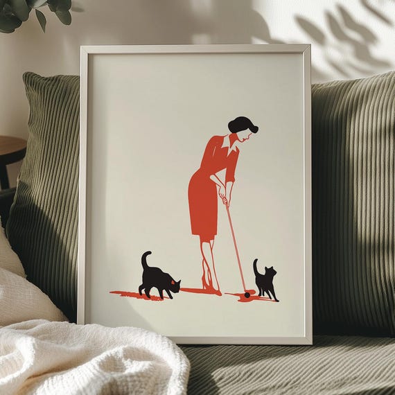 Retro Golf Poster, Warm Minimalism Cat Art