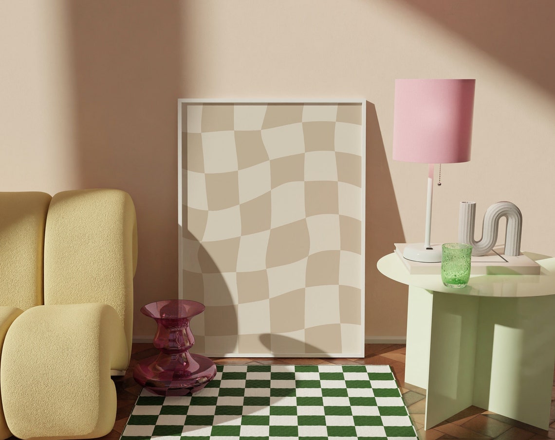 Beige Wavy Checkerboard Trendy Checker Wall Art For Dorm Rooms - Image 4