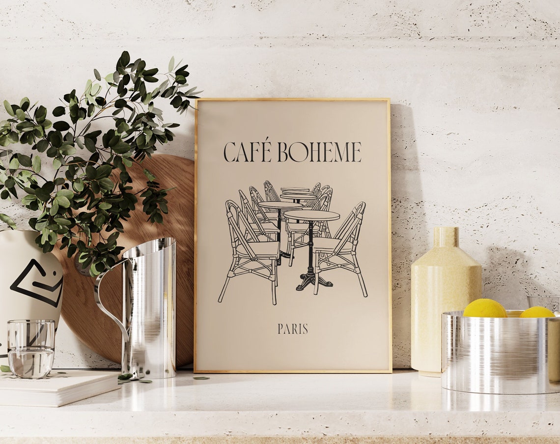Cafe Boheme Paris French Bistro Chairs Line Art Kitchen Poster