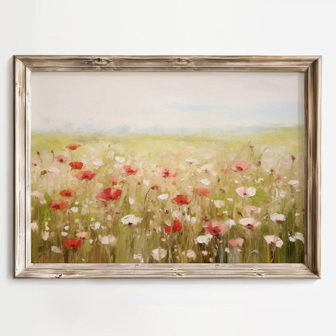 Soft Pink and Red Wildflowers in Sunlit Meadow Impressionist Poster