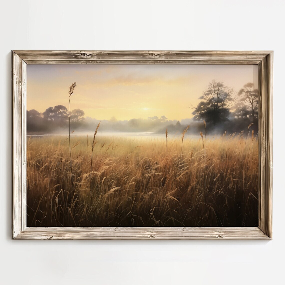 Golden Wheat Field Misty Sunrise Autumn Landscape Painting Poster