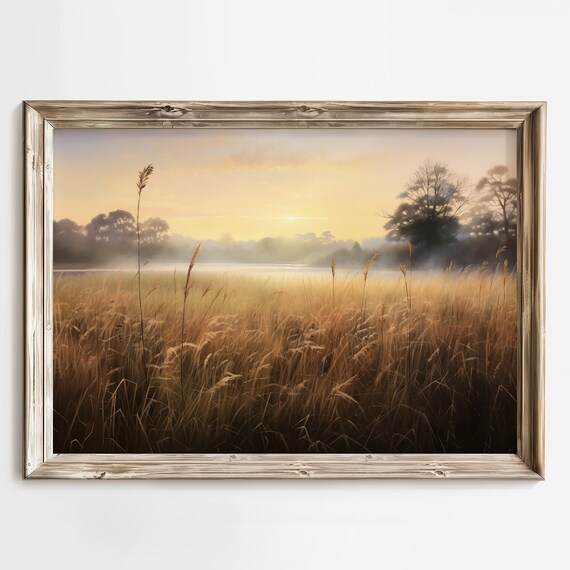 Golden Wheat Field Misty Sunrise Autumn Landscape Painting Poster