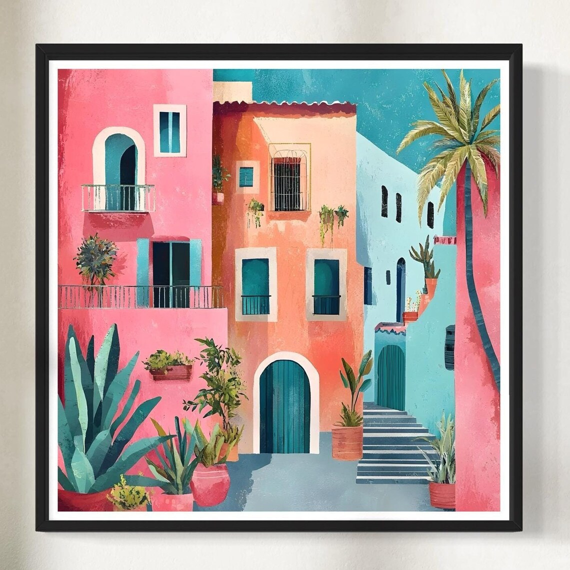 Mediterranean Town Art Print, Rustic Floral Courtyard
