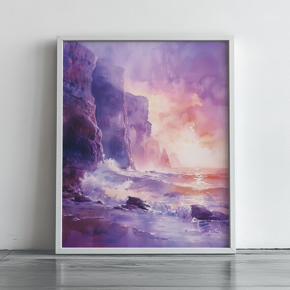 Dreamy Purple Coastal Cliffs Watercolor Sunset Seascape Poster
