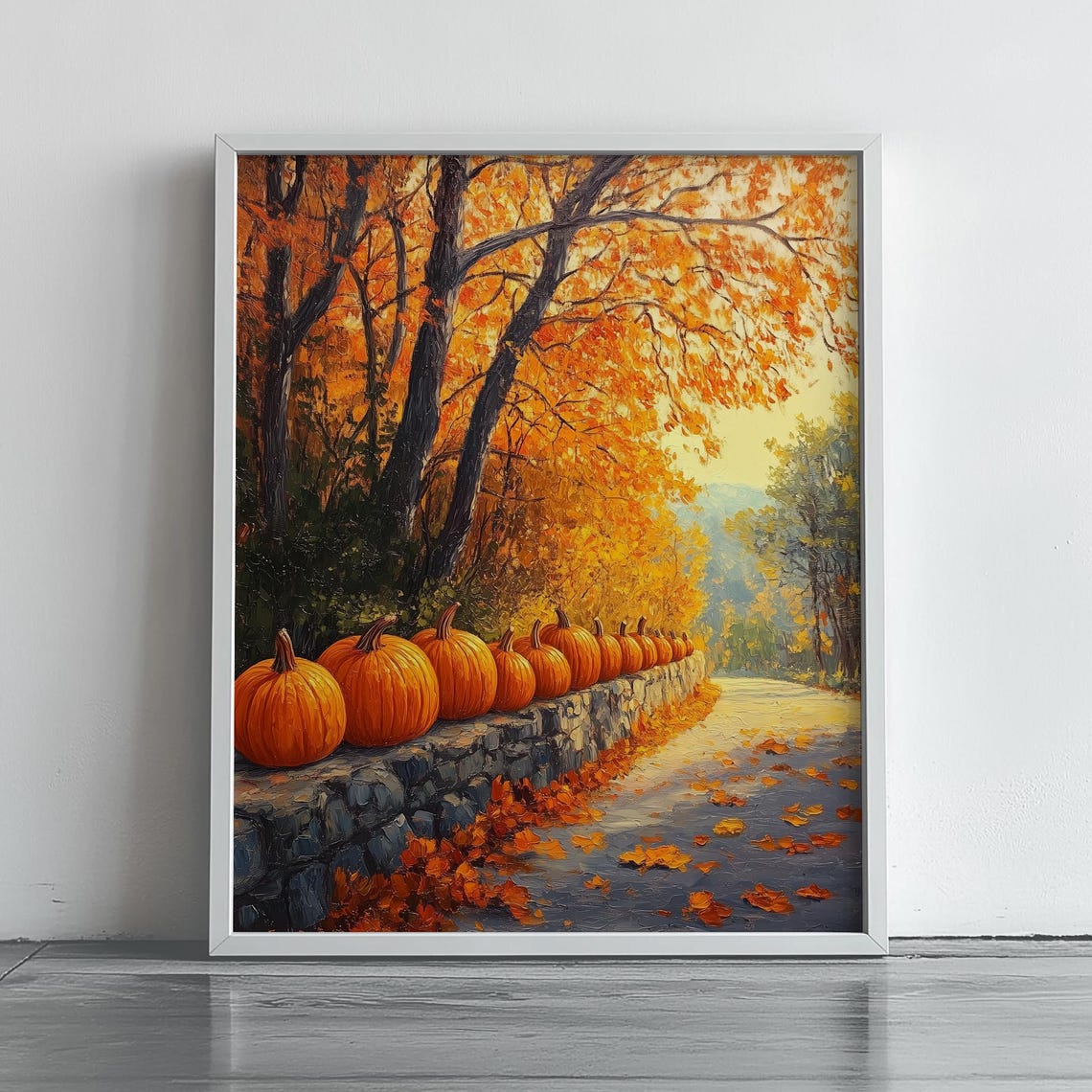 Autumn Pumpkin Path Rustic Fall Landscape Wall Art Cozy Cottage Decor Warm Vintage Print Home Scenery 400
