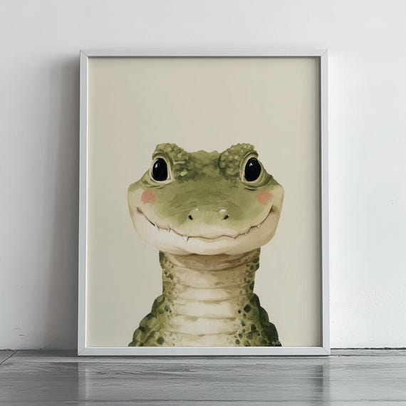 Cute Baby Crocodile Art Childrens Room Animal Portrait Nursery Wall Decor Kids Book Illustration Style 217