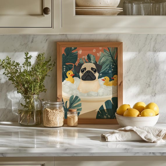 Pug In Bubble Bath Adorable Dog Art With Rubber Ducks Fun Bathroom Decor Cute Animal Wall Quirky Print 28