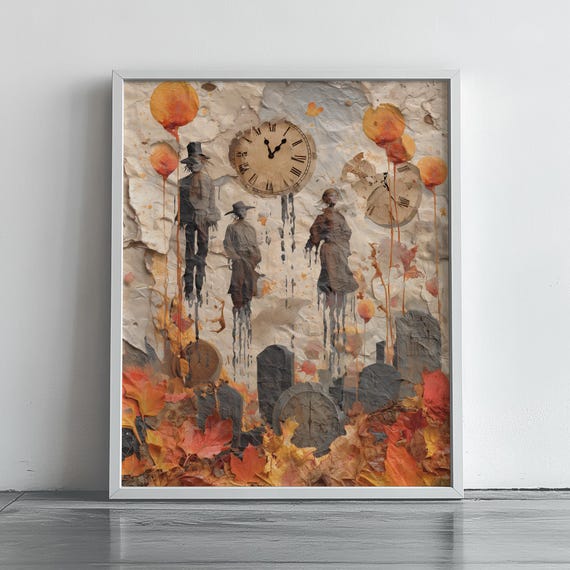 Surreal Autumn Graveyard Melting Clocks Scarecrows Fall Leaves Art Poster