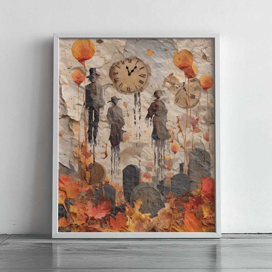 Surreal Autumn Graveyard Melting Clocks Scarecrows Fall Leaves Art Poster