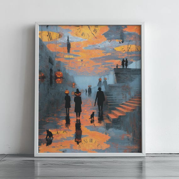 Surreal Halloween Pumpkin Head Parade Under Melting Orange Clock Sky Poster