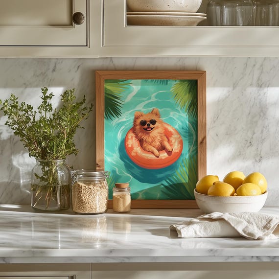 Pomeranian On Donut Pool Float Cute Summer Dog Art Fun Poolside Decor Adorable Wall Playful Puppy Print 26