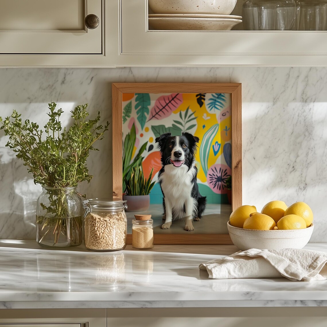 Happy Border Collie Dog Portrait With Tropical Leaf Mural Art Poster
